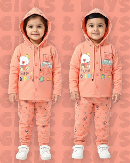 Little Bear Full Sleeves Front Open Hooded T-Shirt & Pyjama Set | Orange