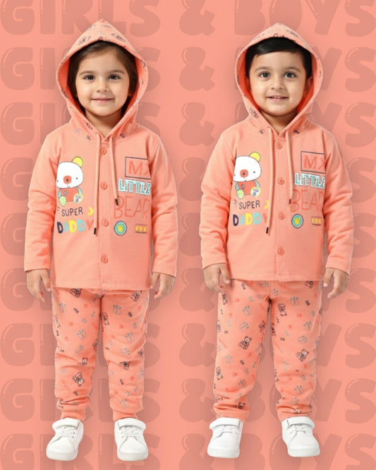 Little Bear Full Sleeves Front Open Hooded T-Shirt & Pyjama Set | Orange