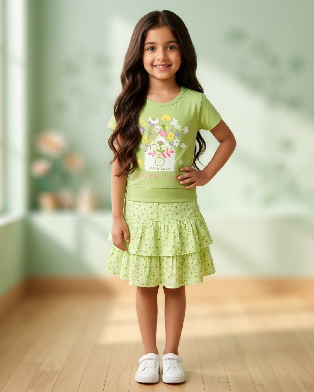 With Love Half Sleeves Top & Skirt Set | Green