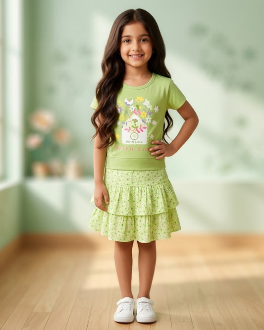 With Love Half Sleeves Top & Skirt Set | Green