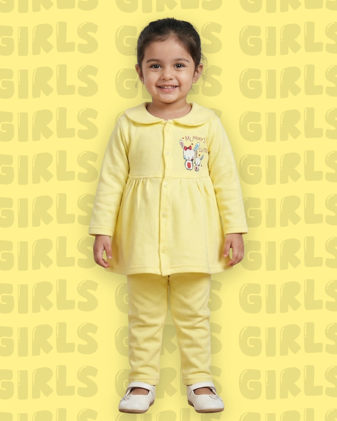 Mummy’s Cutie Full Sleeves Front Open Frock and Full Pant Set | Yellow