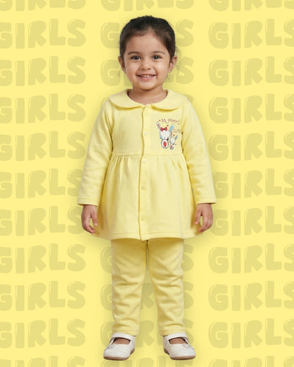 Mummy’s Cutie Full Sleeves Front Open Frock and Full Pant Set | Yellow