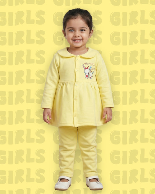 Mummy’s Cutie Full Sleeves Front Open Frock and Full Pant Set | Yellow