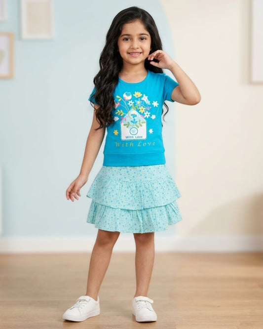 With Love Half Sleeves Top & Skirt Set | Blue