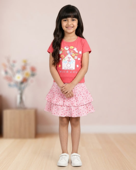 With Love Half Sleeves Top & Skirt Set | Pink