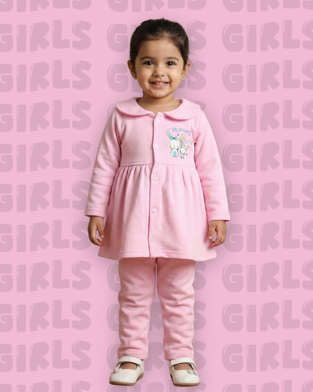Mummy’s Cutie Full Sleeves Front Open Frock and Full Pant Set | Pink