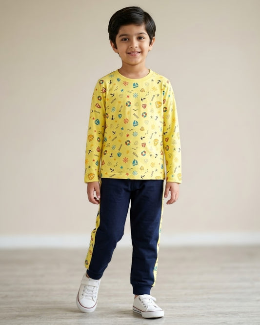 Surfing Beach Full Sleeves T-Shirt & Pyjama Set