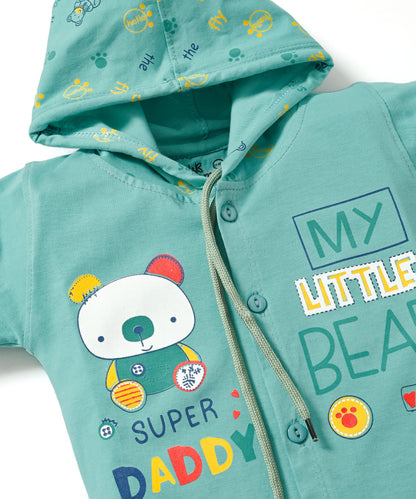 Little Bear Full Sleeves Front Open Hooded T-Shirt & Pyjama Set | Green