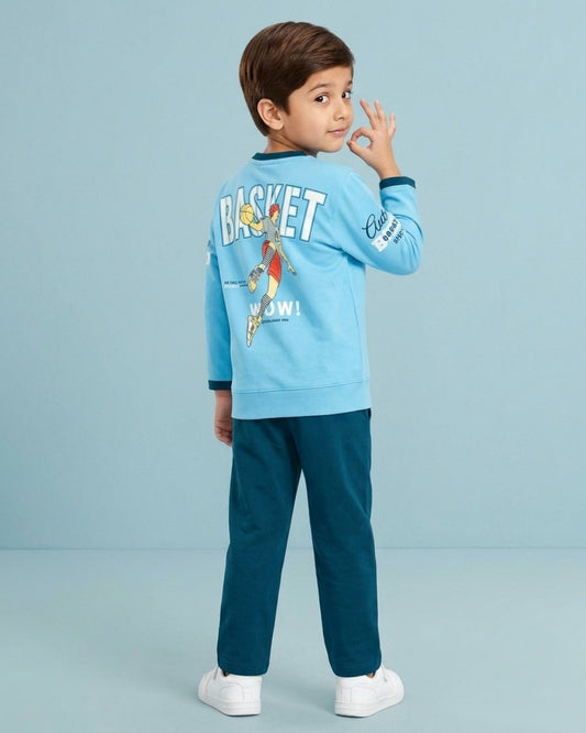Sports Basket Full Sleeves Back Print T-Shirt and Pyjama Set | Blue