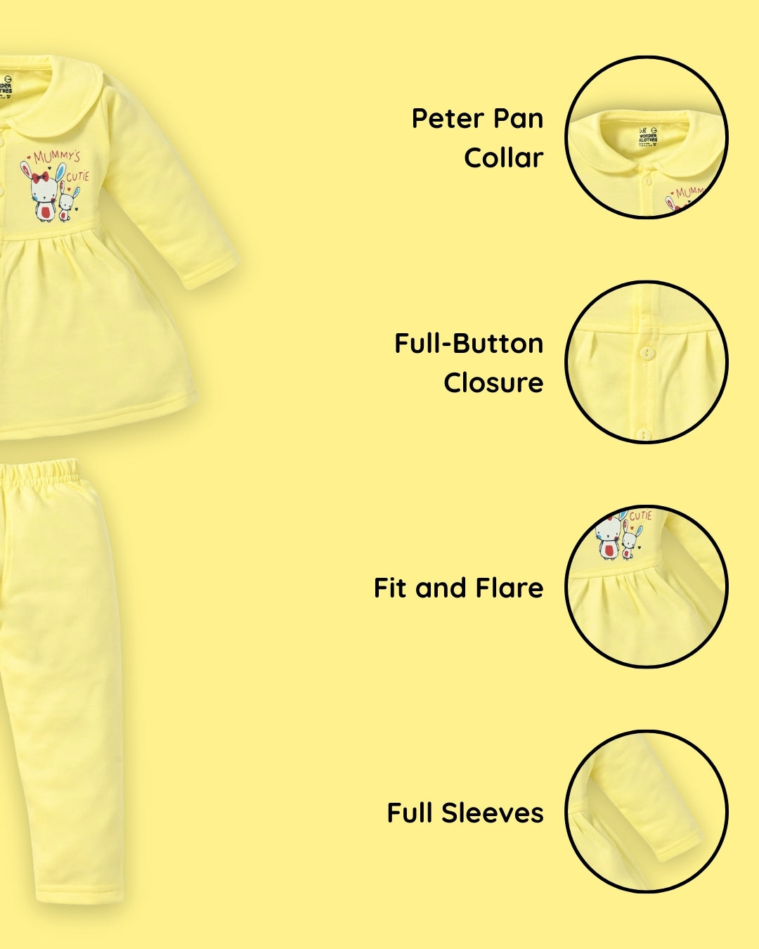 Mummy’s Cutie Full Sleeves Front Open Frock and Full Pant Set | Yellow