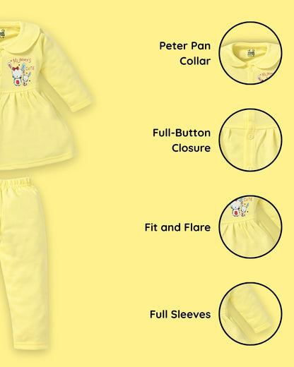 Mummy’s Cutie Full Sleeves Front Open Frock and Full Pant Set | Yellow