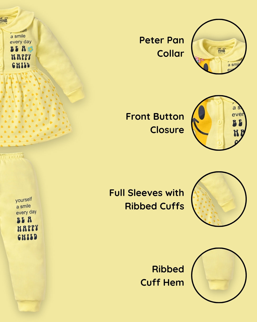 Smiley Child Full Sleeves Front Open Frock and Joggers Set | Yellow