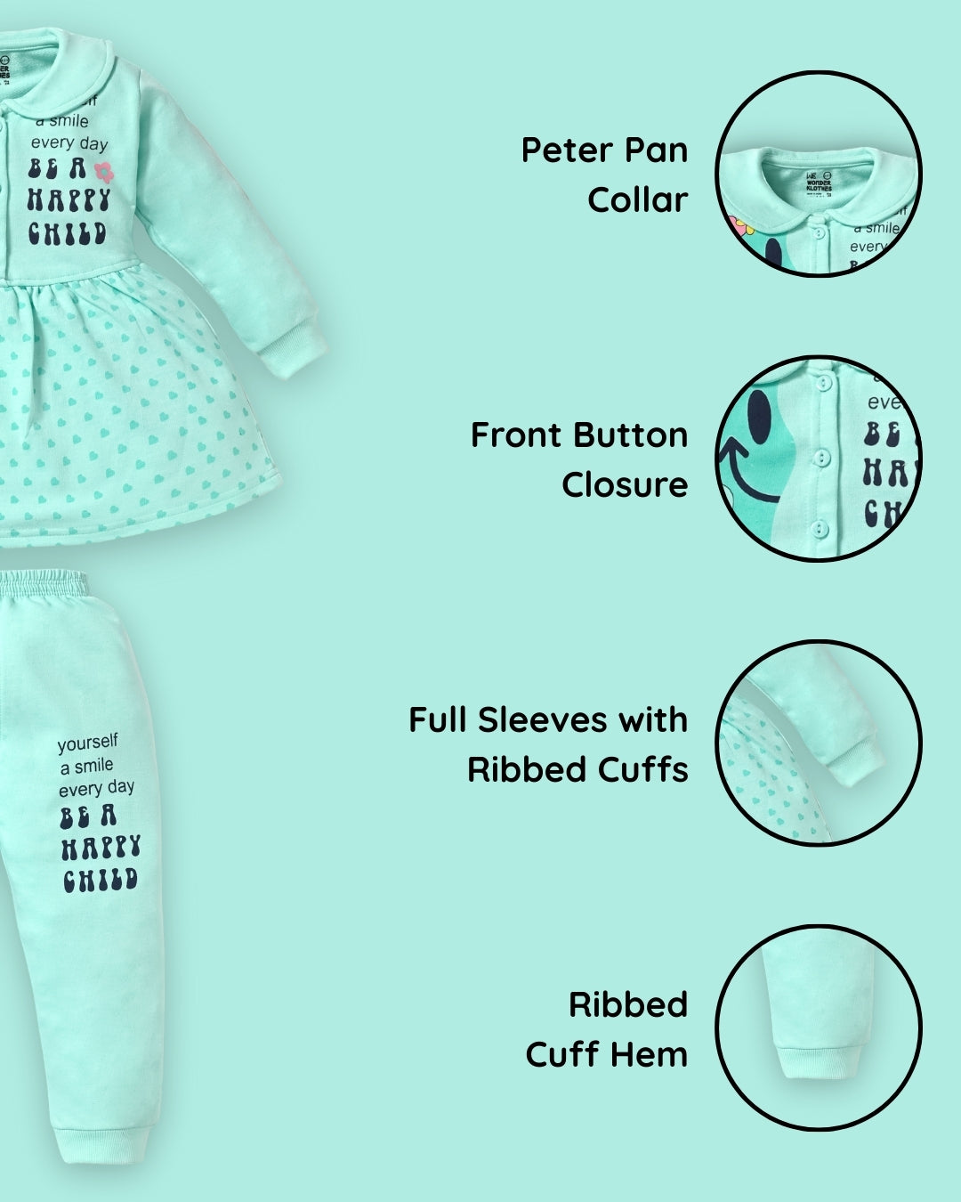 Smiley Child Full Sleeves Front Open Frock and Joggers Set | Green