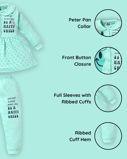 Smiley Child Full Sleeves Front Open Frock and Joggers Set | Green