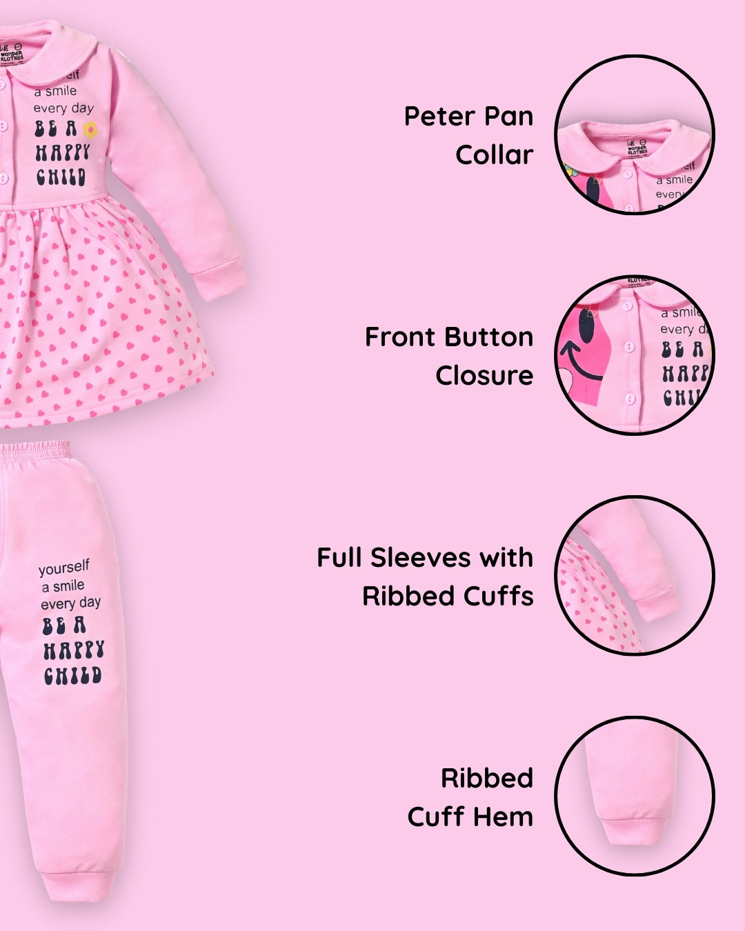 Smiley Child Full Sleeves Front Open Frock and Joggers Set | Pink