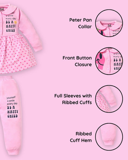 Smiley Child Full Sleeves Front Open Frock and Joggers Set | Pink