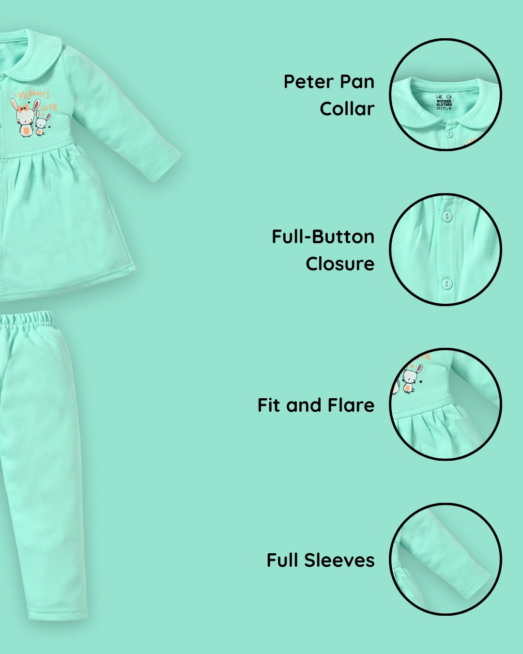 Mummy’s Cutie Full Sleeves Front Open Frock and Full Pant Set | Green