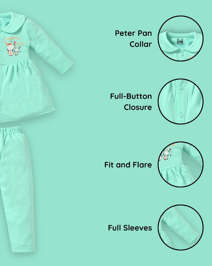 Mummy’s Cutie Full Sleeves Front Open Frock and Full Pant Set | Green