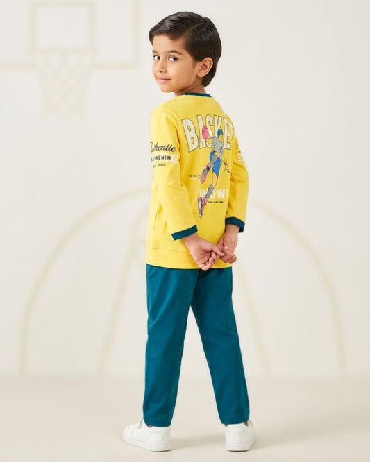 Sports Basket Full Sleeves Back Print T-Shirt and Pyjama Set | Yellow