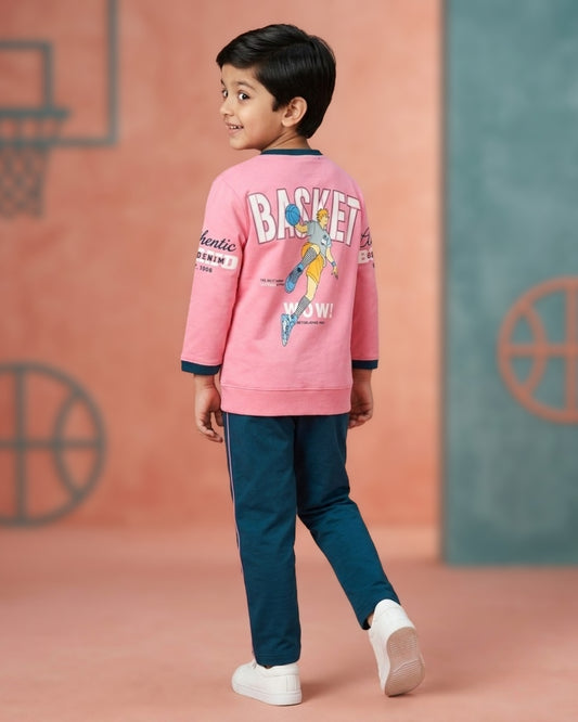 Sports Basket Full Sleeves Back Print T-Shirt and Pyjama Set | Pink