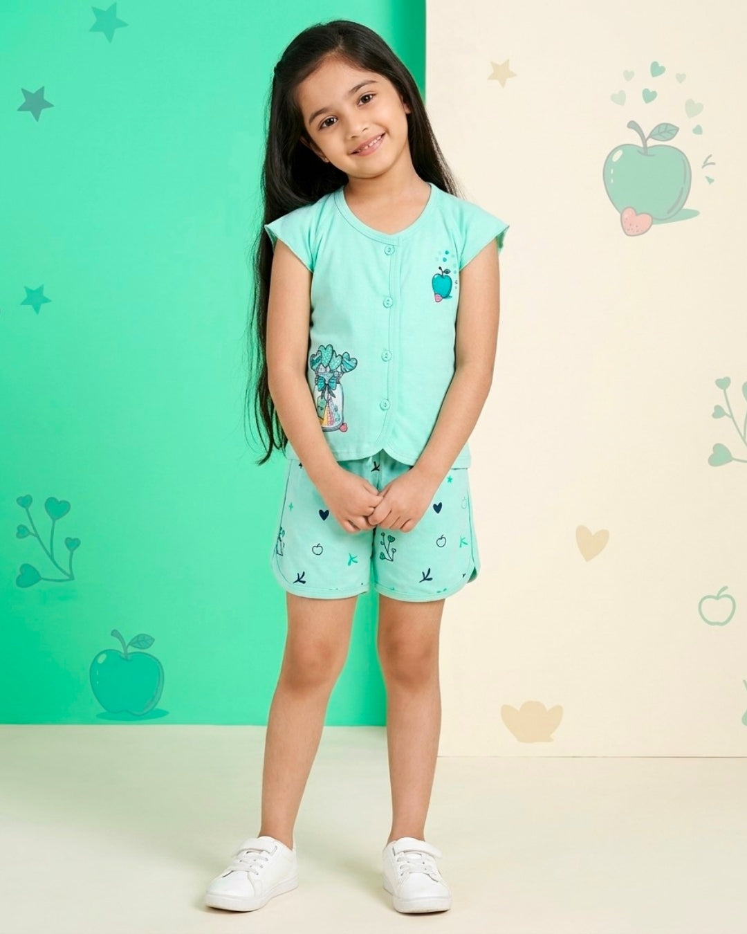 Apple Jar Raglan Short Sleeves Front Open Top & Hot Pant Set | Green