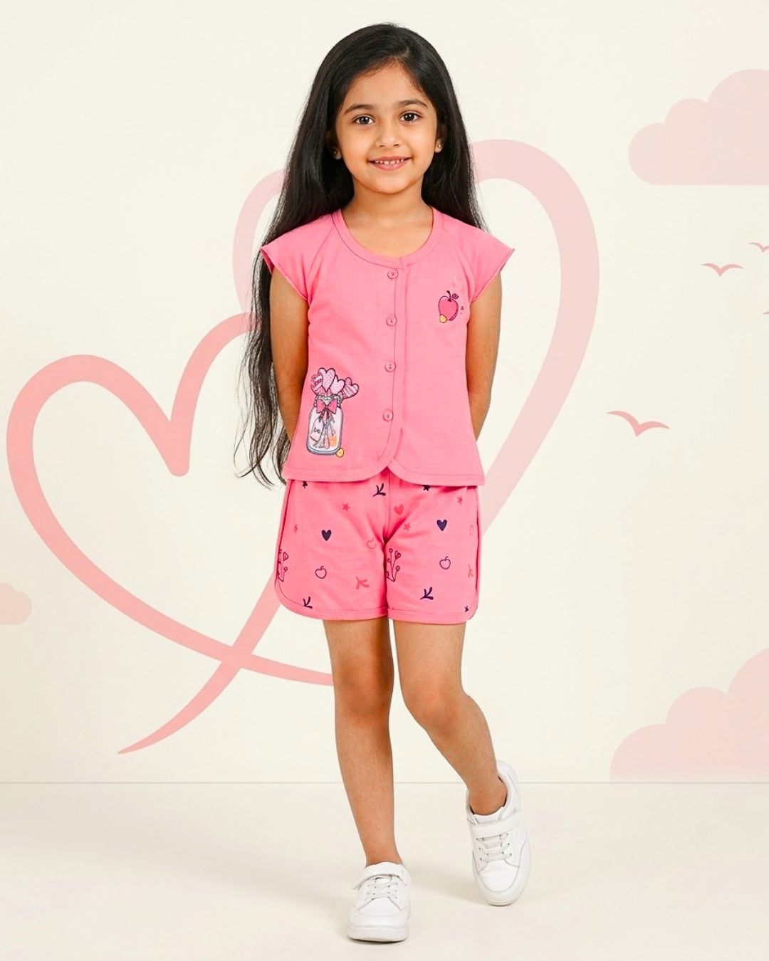 Apple Jar Raglan Short Sleeves Front Open Top & Hot Pant Set | Pink