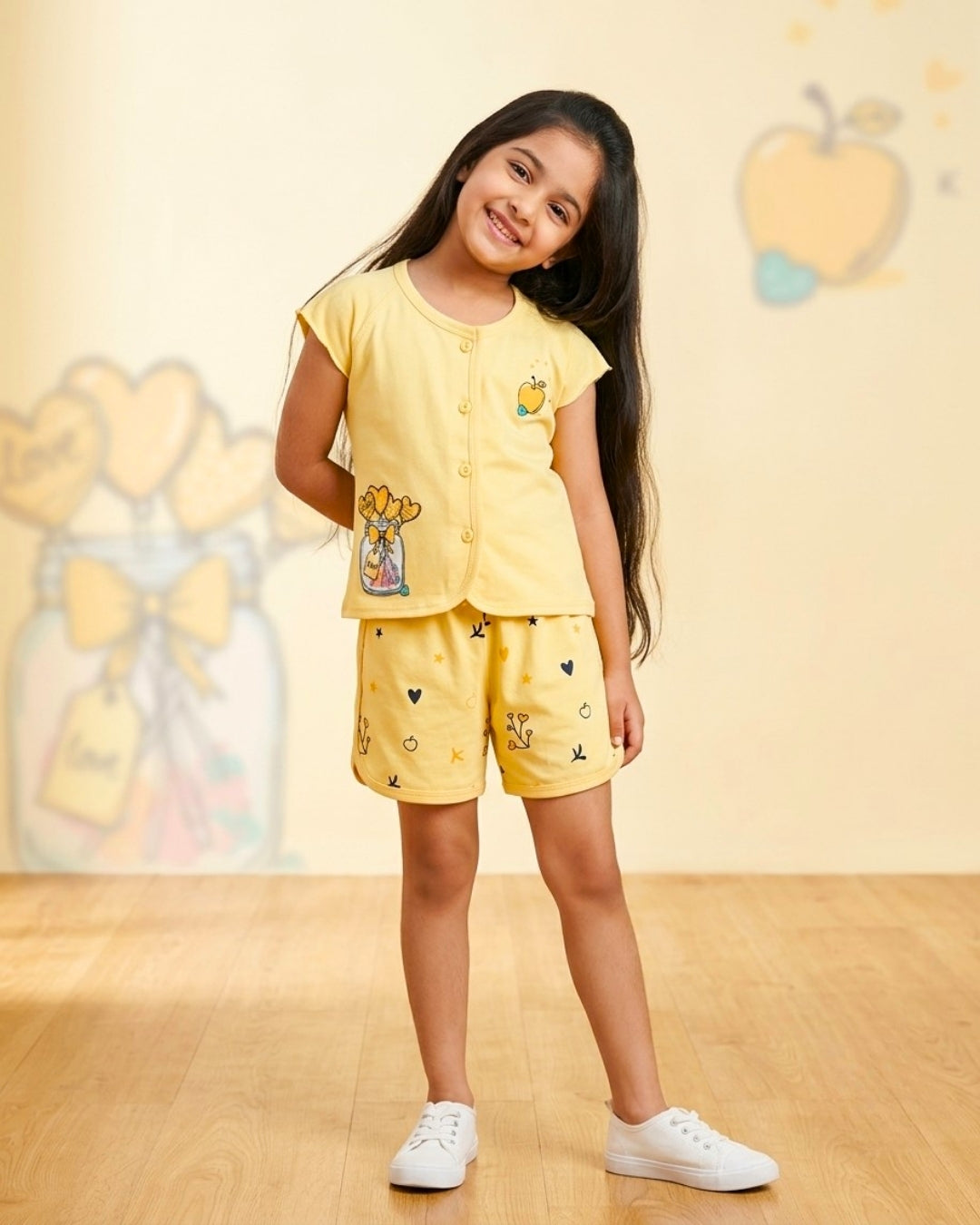 Apple Jar Raglan Short Sleeves Front Open Top & Hot Pant Set | Yellow