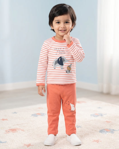 Elephant Night Full Sleeves T-Shirt & Pyjama Set | Orange