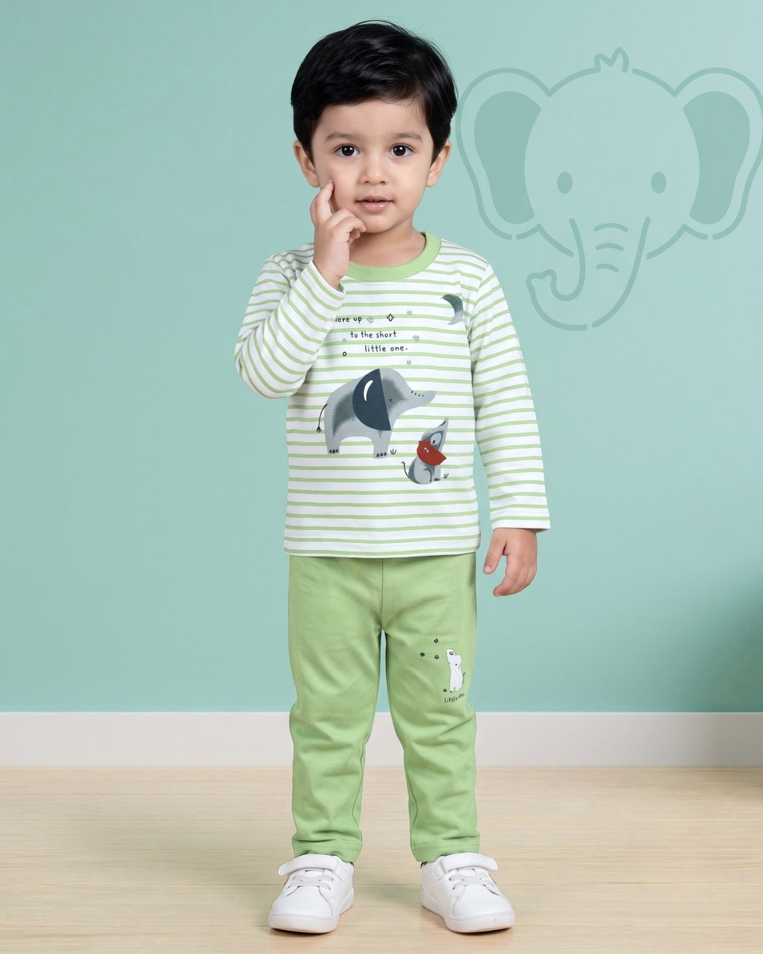 Elephant Night Full Sleeves T-Shirt & Pyjama Set | Green