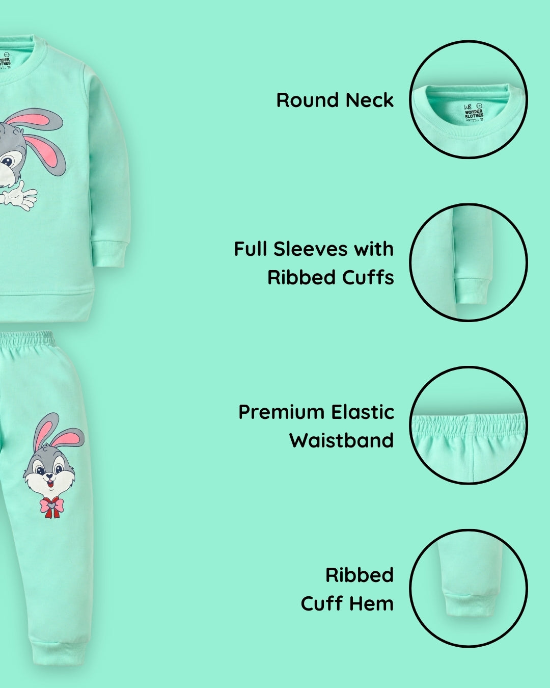 Rabbit Full Sleeves Sweatshirt and Joggers Set | Green