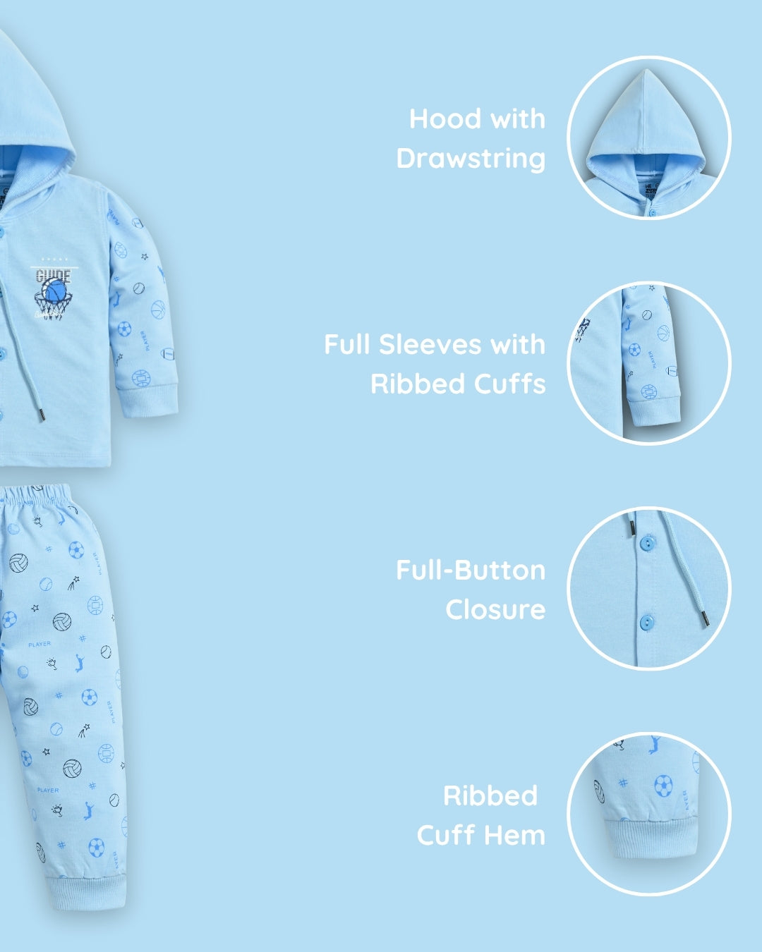 Basketball Full Sleeves Front Open Hooded Sweatshirt & Joggers Set | Blue