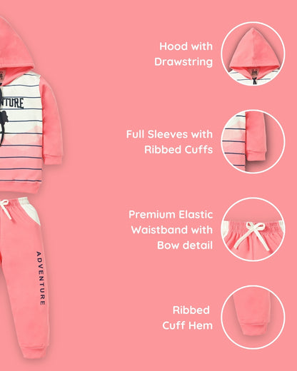 Adventure Full Sleeves Hooded Sweatshirt & Joggers Set | Pink