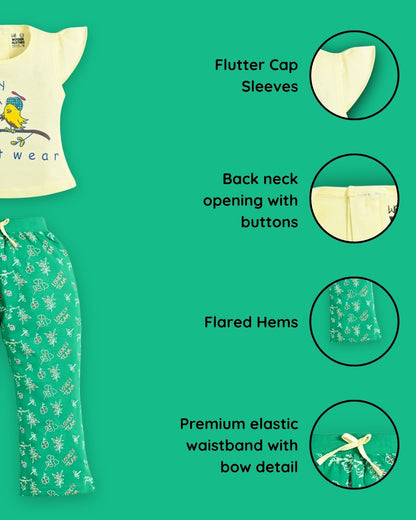 Sweet Bird Short Sleeves Top & Bootcut Pant Set | Green