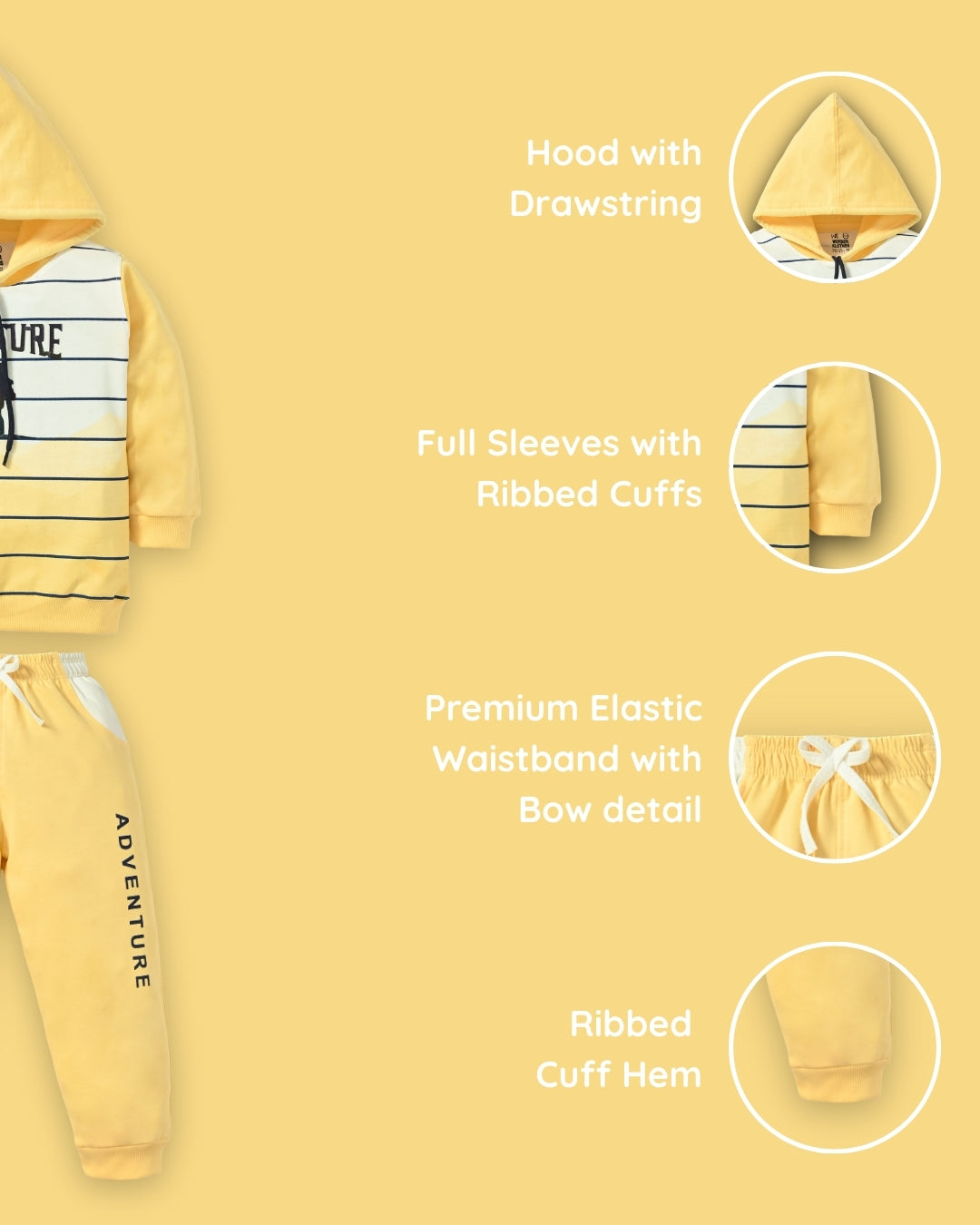 Adventure Full Sleeves Hooded Sweatshirt & Joggers Set | Yellow