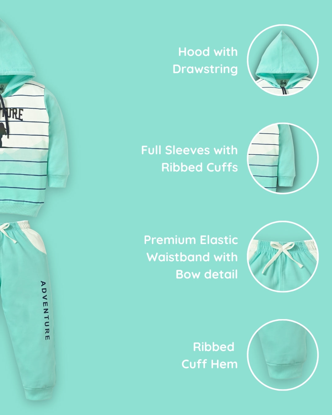 Adventure Full Sleeves Hooded Sweatshirt & Joggers Set | Green