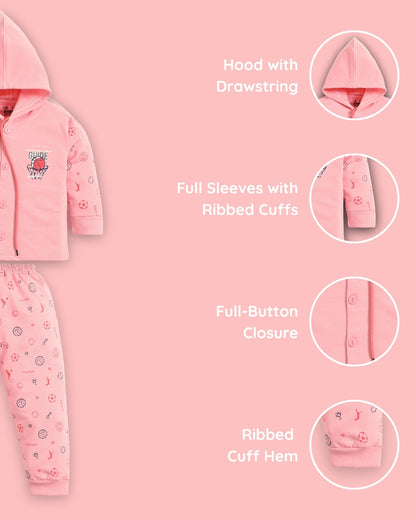 Basketball Full Sleeves Front Open Hooded Sweatshirt & Joggers Set | Pink