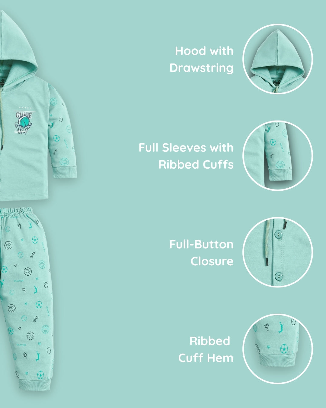 Basketball Full Sleeves Front Open Hooded Sweatshirt & Joggers Set | Green