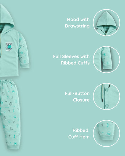 Basketball Full Sleeves Front Open Hooded Sweatshirt & Joggers Set | Green