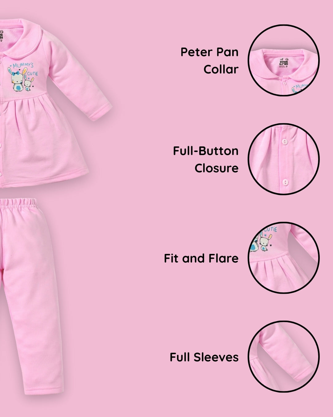 Mummy’s Cutie Full Sleeves Front Open Frock and Full Pant Set | Pink
