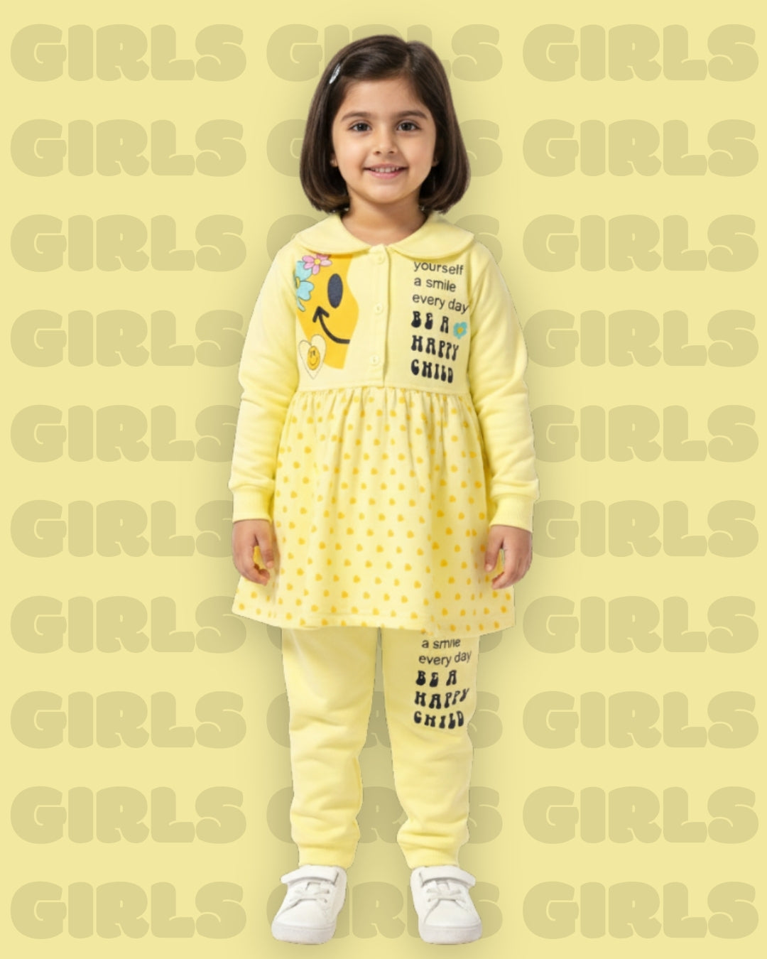 Smiley Child Full Sleeves Front Open Frock and Joggers Set | Yellow