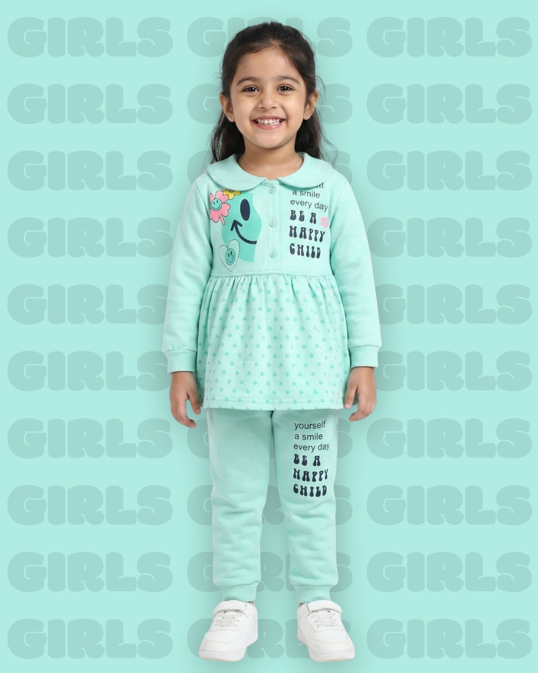 Smiley Child Full Sleeves Front Open Frock and Joggers Set | Green