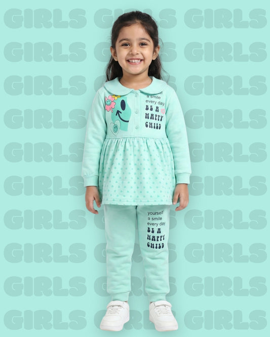 Smiley Child Full Sleeves Front Open Frock and Joggers Set | Green