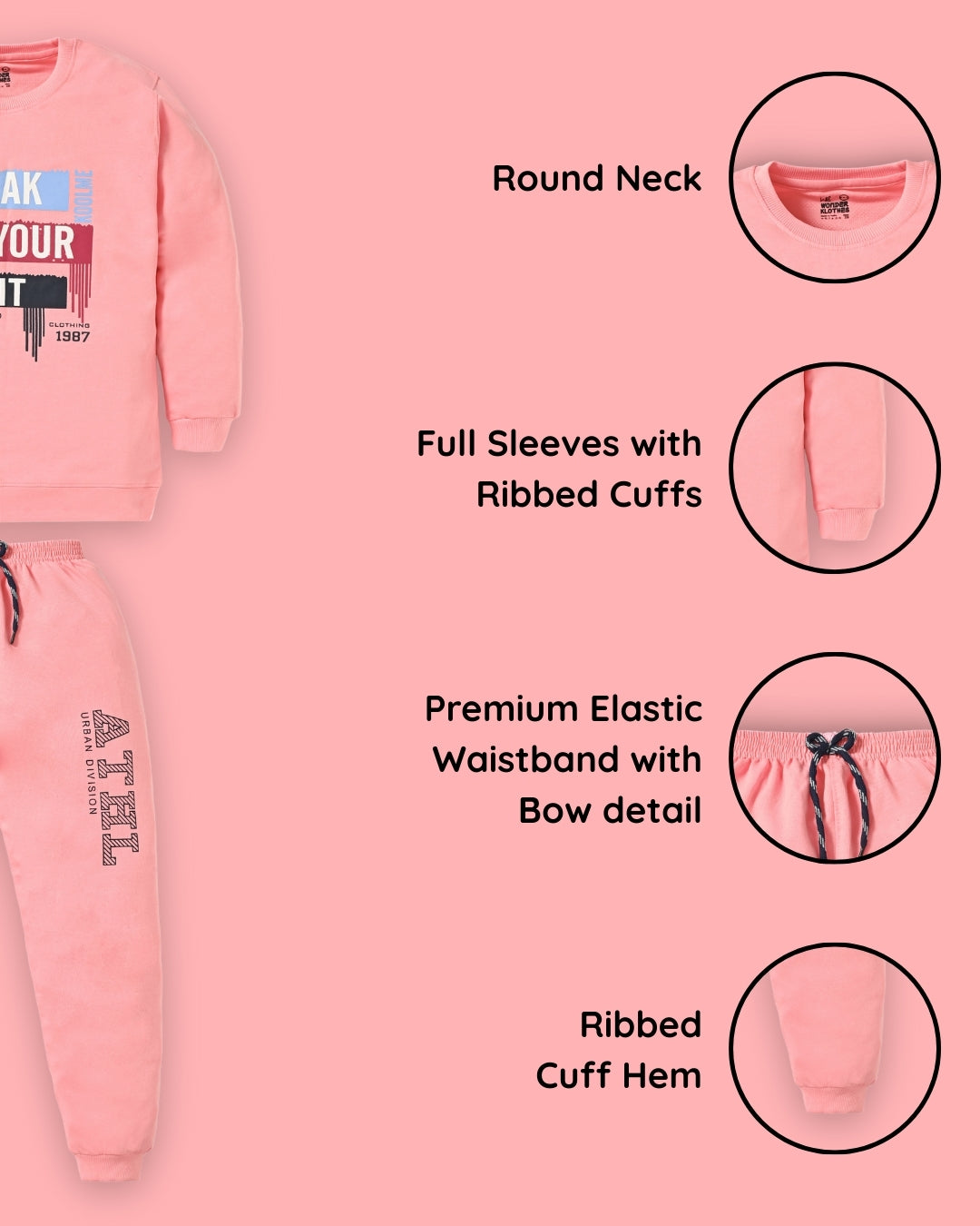Break Your Limit Full Sleeves Sweatshirt and Joggers Set | Pink