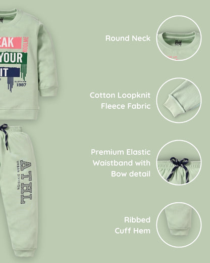 Break Your Limit Full Sleeves Fleece Sweatshirt and Joggers Set | Green