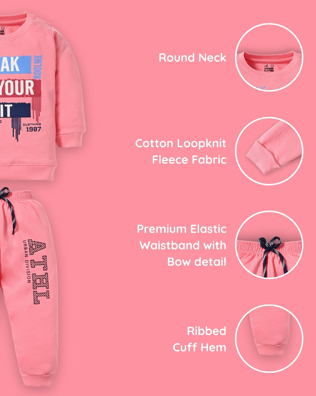Break Your Limit Full Sleeves Fleece Sweatshirt and Joggers Set | Pink