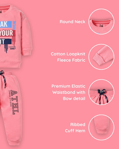 Break Your Limit Full Sleeves Fleece Sweatshirt and Joggers Set | Pink