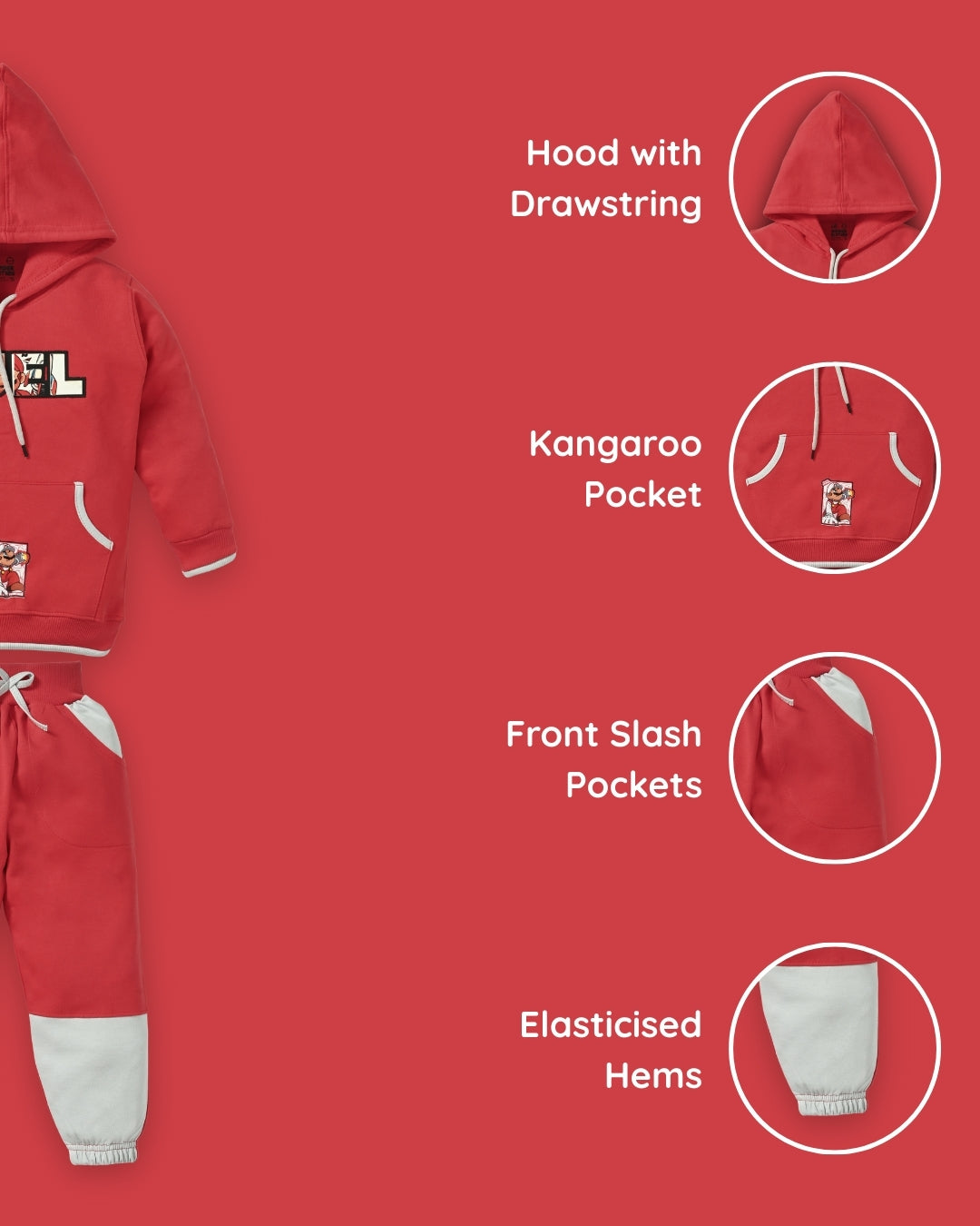 Fuel Mario Full Sleeves Hoodie Sweatshirt with Pocket and Joggers Set | Red