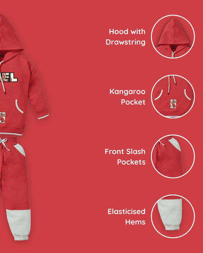 Fuel Mario Full Sleeves Hoodie Sweatshirt with Pocket and Joggers Set | Red