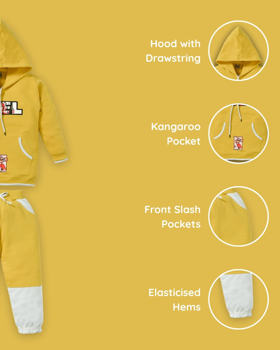 Fuel Mario Full Sleeves Hooded Sweatshirt with Pocket and Joggers Set | Yellow