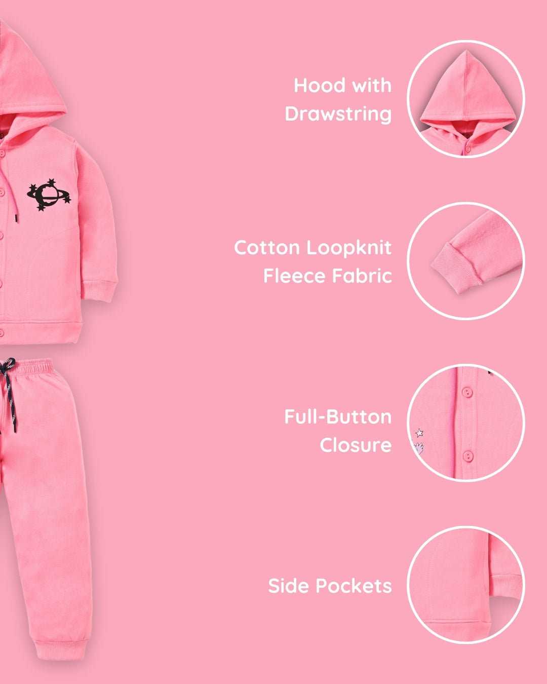 Little Astronaut Full Sleeves Fleece Front-Open Hooded Sweatshirt and Joggers Set | Pink